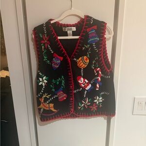 Festive Black Knit Vest with Colorful Embroidery